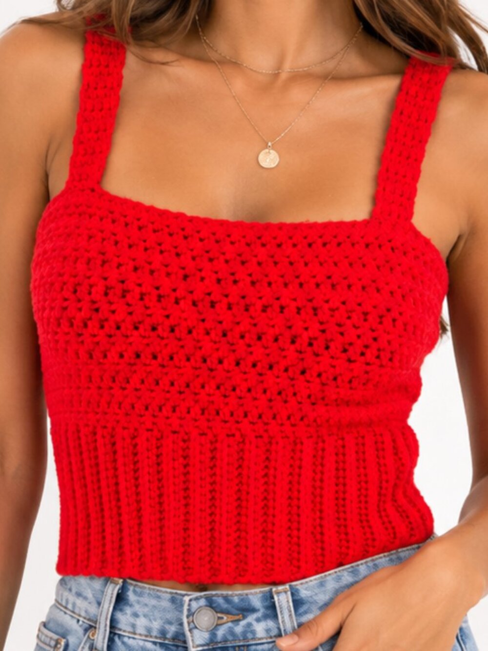 Vtg HANDMADE Red Crochet Knit Cropped Tank Top Sweater XS